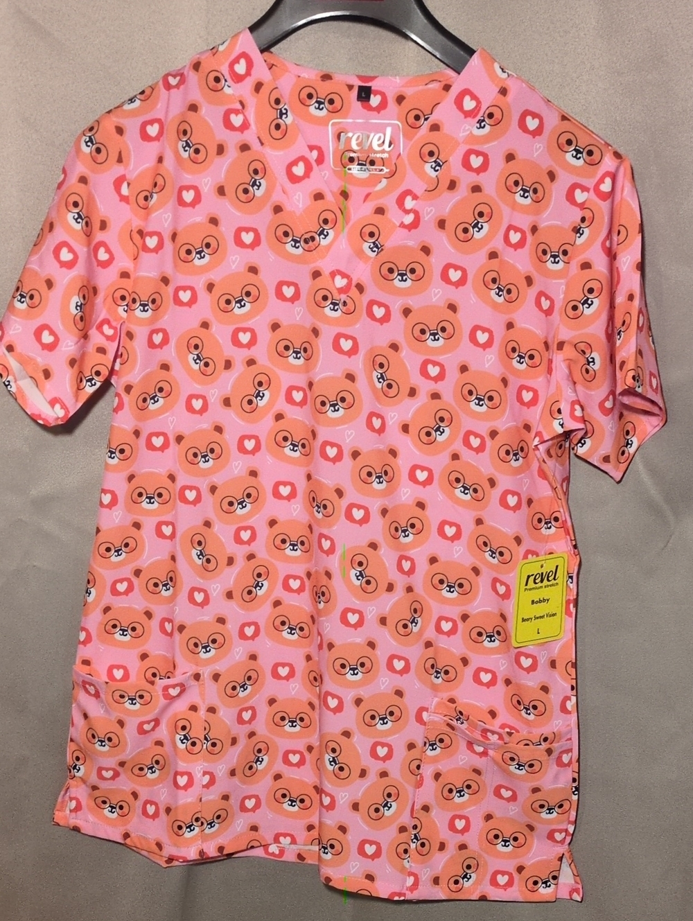 Revel Pink Bear Heart Print Medical Scrub Top